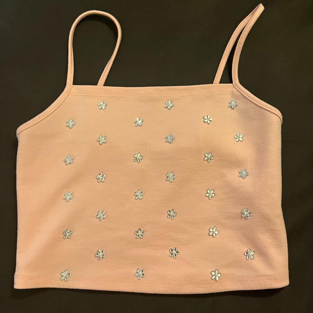 Pink cropped bejeweled tank top